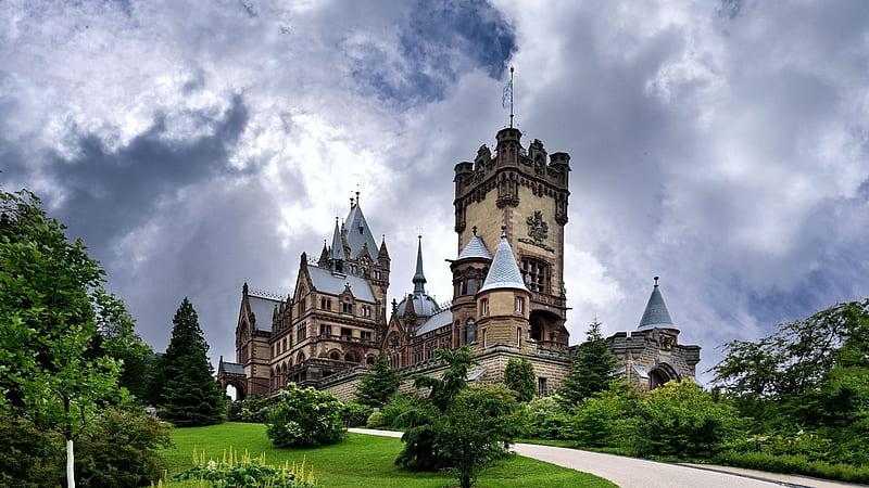 Dragon Castle at the Rhine river, Germany, sky, old, building, clouds, trees, nature, HD wallpaper