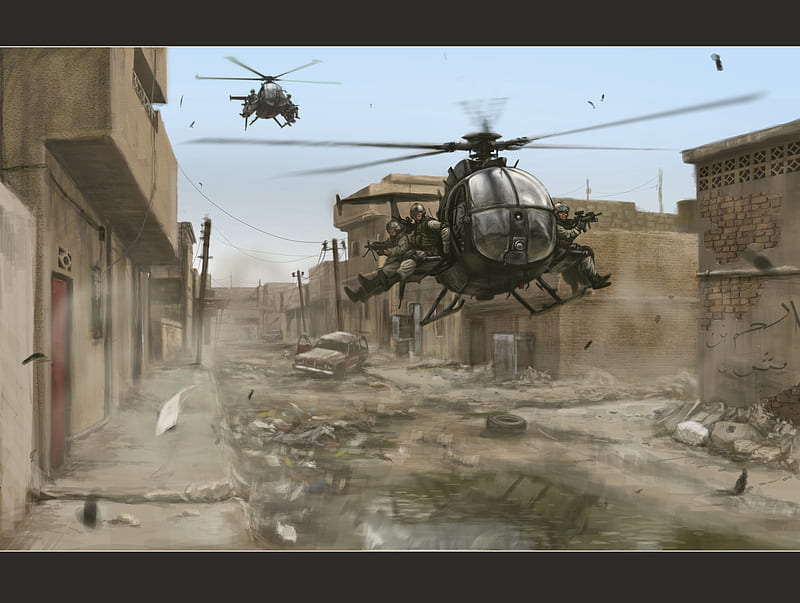 low flying helicopter, destruction, blue sky, soldiers, rubbish, wrecked car, HD wallpaper