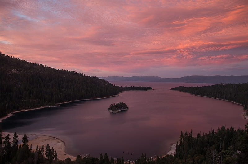 Red Emerald, Lake Tahoe, sunset, clouds, lake, water, California, Tahoe, Pentax, beauty, reflections, Emerald Bay, HD wallpaper