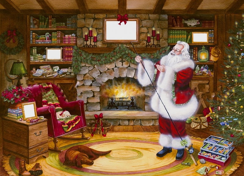 Santa's Christmas Gift, cozy, christmas, Santa Claus, gift, happy, winter, Fireplace, Warm, painting, HD wallpaper