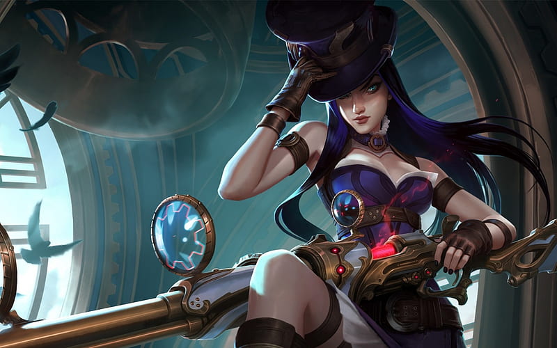 Caitlyn, fantasy, girl, steampunk, game, league of legends, hat, HD wallpaper