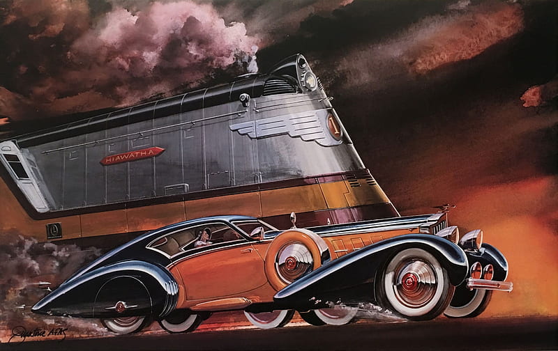 Road and Track, 1935 packard, train, engine, hiawatha, car, painting, steam, HD wallpaper