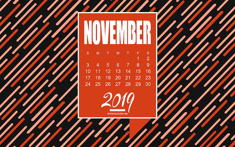 2019 November Calendar, creative black-orange background, 2019 creative calendars, November, Calendar for 2019 November, HD wallpaper