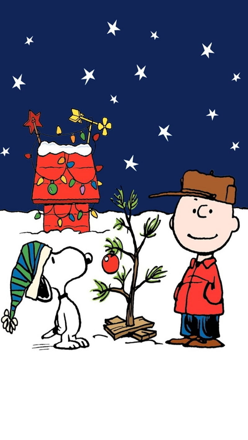 Peanuts Christmas, peanuts, brown, christmas, holiday season, snow, tree, lights, HD phone wallpaper