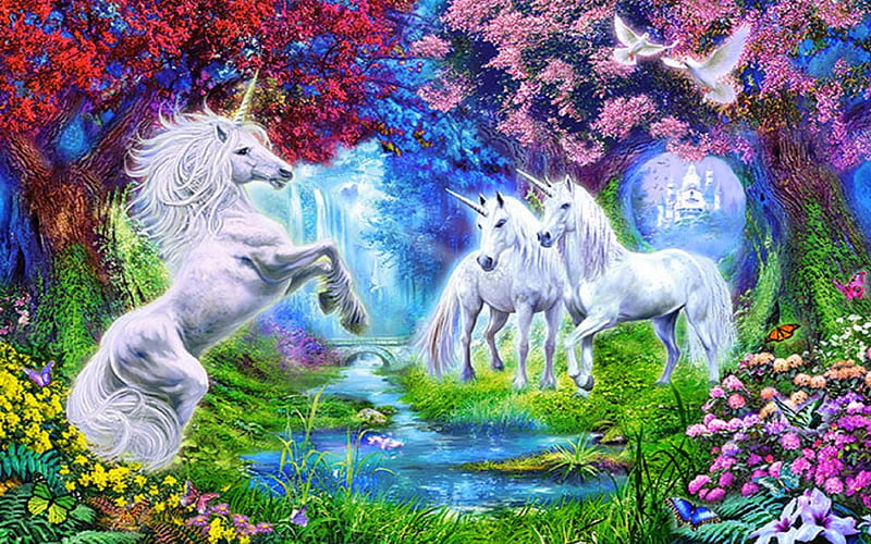 ★Unicorn Rendezvous★, gardening, softness beauty, attractions in dreams, digital art, seasons, animals fairytale, fantasy, paintings, flowers, drawings, butterfly designs, fantastic, colors, love four seasons, birds, creative pre-made, butterflies, spring, unicorns, pond, magical, outdoor, HD wallpaper