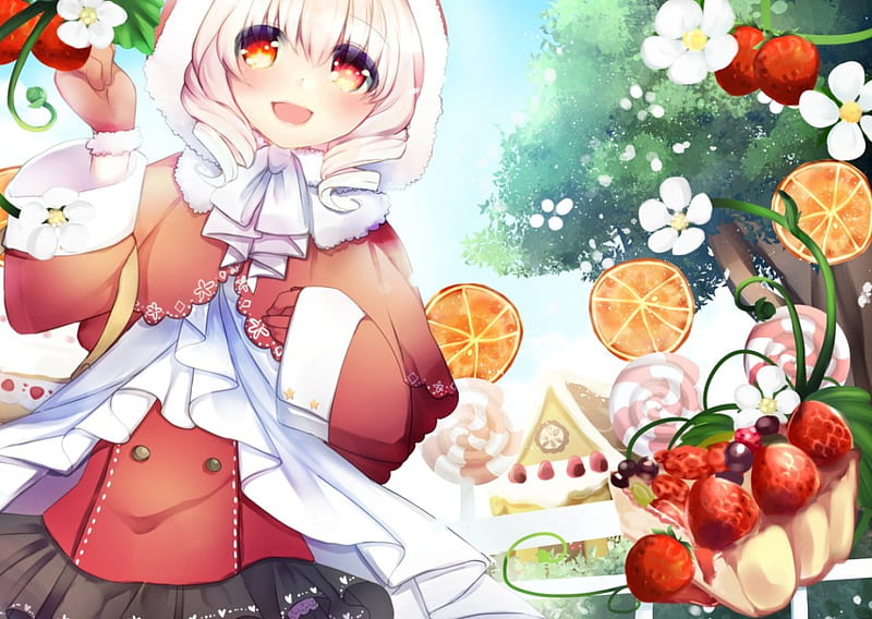 ~Welcome To Sweetland~, cake, candy, house, strawberry, food, orange eyes, blush, skirt, fruit, short hair, gloves, girl, anime, flowers, pink hair, HD wallpaper