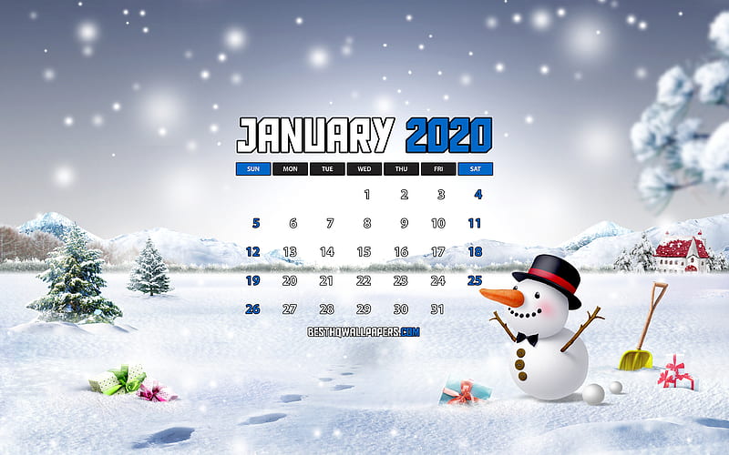 January 2020 Calendar snowman, winter, 2020 calendar, January 2020, creative, winter landscape, January 2020 calendar with snowman, Calendar January 2020, blue background, 2020 calendars, HD wallpaper