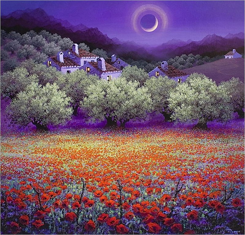 Luis Romero - Halo de Luna creciente, art, luis romero, tree, moon, painting, HD wallpaper