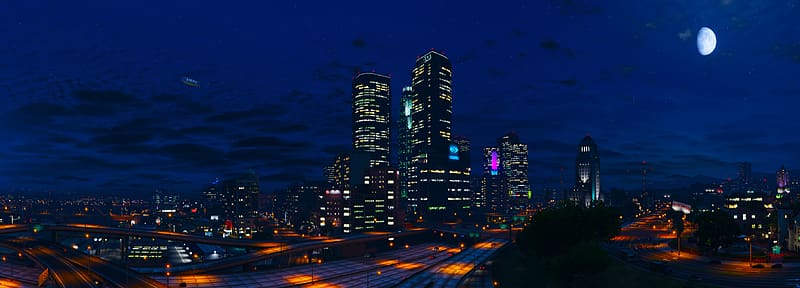 Sky, Night, Moon, City, Skyscraper, Video Game, Grand Theft Auto, Grand Theft Auto V, Los Santos, HD wallpaper