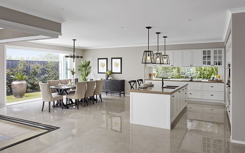 stylish interior design, dining room, white marble floor, white kitchen furniture, kitchen project, classic kitchen interior, HD wallpaper