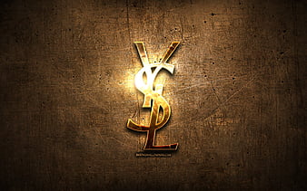 Yves Saint Laurent golden logo, artwork, brown metal background