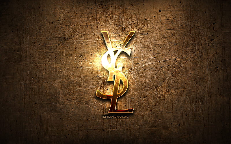 Yves Saint Laurent golden logo, artwork, brown metal background, creative, Yves Saint Laurent logo, brands, Yves Saint Laurent, HD wallpaper