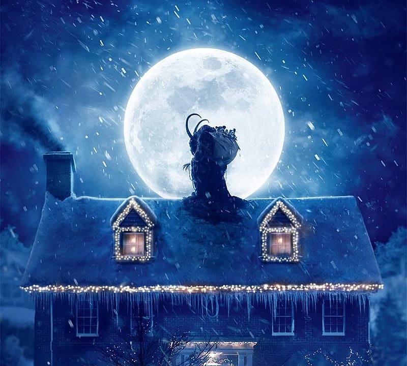 Krampus 2015, movie, poster, blue, night, krampus, white, craciun, horns, roof, moon, fantasy, christmas, HD wallpaper