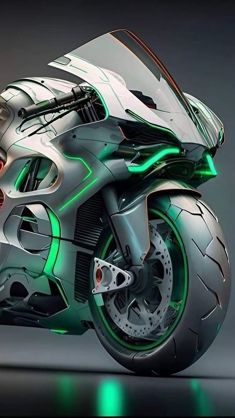 Kawasaki Ninja , Green Light Effect, grey bike, HD phone wallpaper