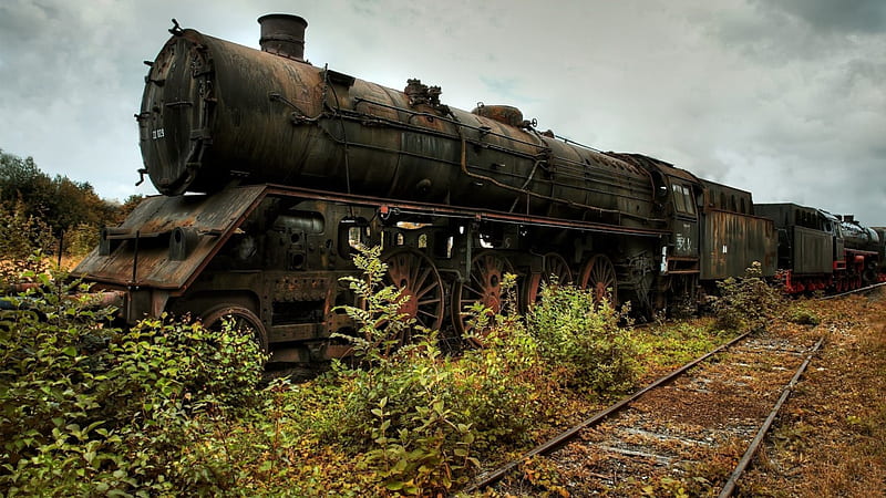 old steam engine at the end of the line, train, engine, weeds, steam, tracks, HD wallpaper