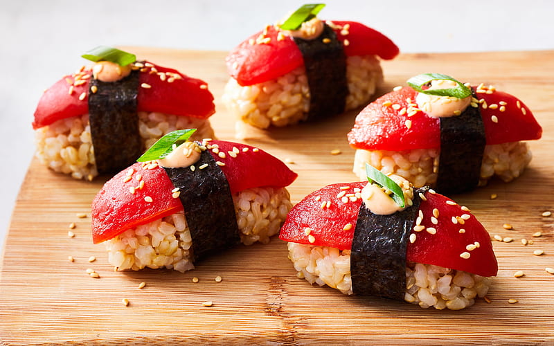 vegan nagiri macro, asian food, vegan sushi, fastfood, sushi with tomatoes, nagiri, sushi, HD wallpaper