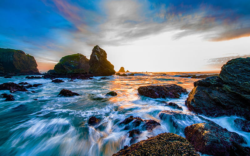 Luffenholtz Beach, Pacific Ocean, morning, coast, sunrise, rocks, stones, Trinidad, California, USA, HD wallpaper