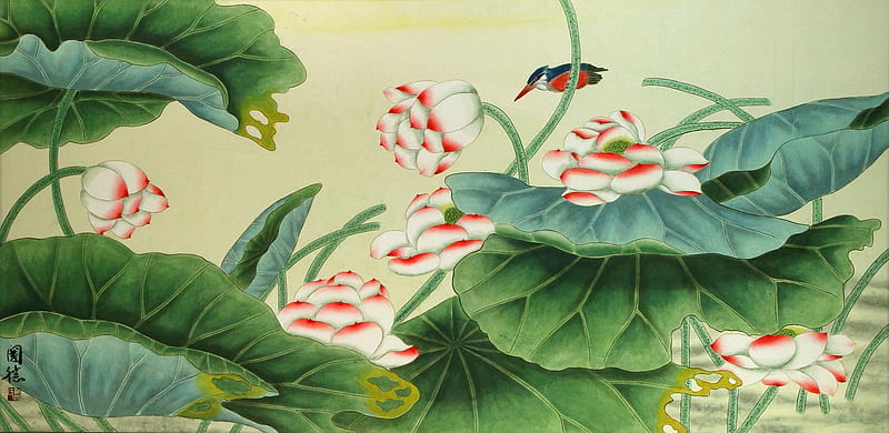 Lotus and kingfisher, painting, flower, pictura, leaf, watercolor, art, lotus, chinese art, kingfisher, green, bird, pasari, HD wallpaper