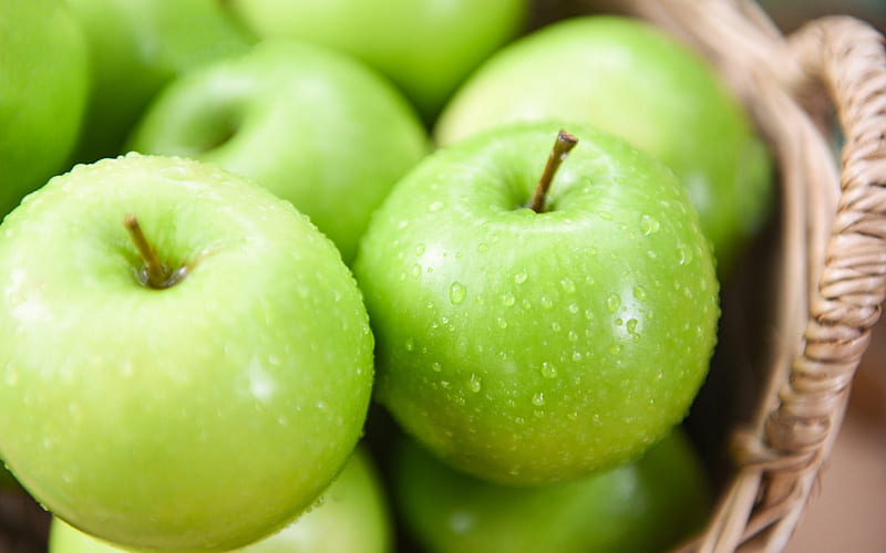 green apples, fruits, basket with apples, background with apples, HD wallpaper