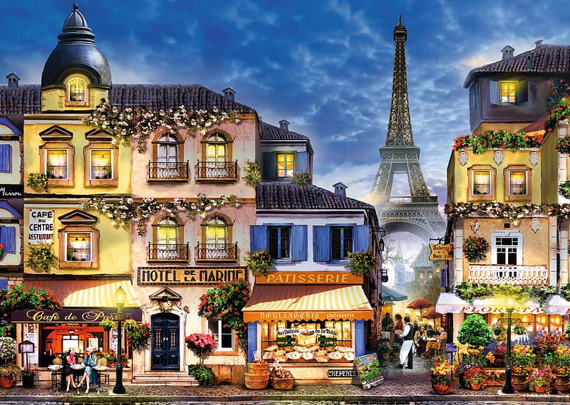 Evening in Paris, restaurant, eiffel tower, people, houses, painting, street, artwork, HD wallpaper