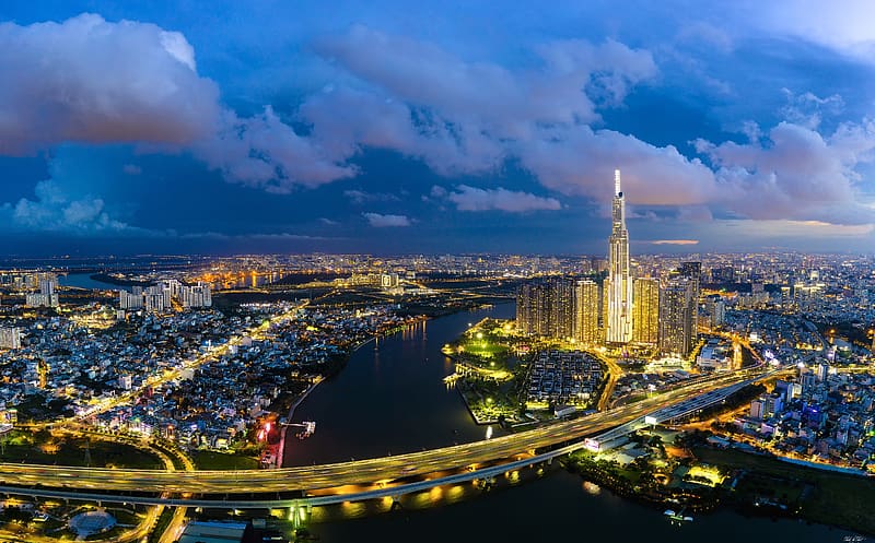Ho Chi Minh City, Vietnam Ultra, Asia, Vietnam, City, Night, River, Aerial, HCMC, Saigon, HoChiMinh, HD wallpaper