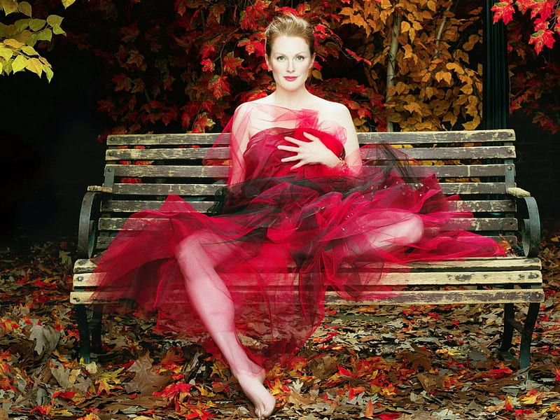 Julianne Moore, red, dress, autumn, model, orange, yellow, woman, leaves, girl, actress, pink, HD wallpaper