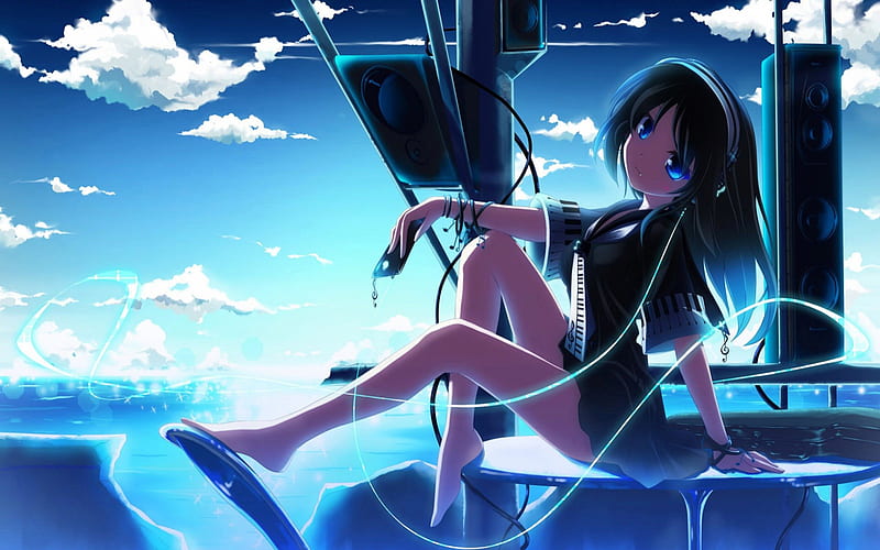 Anime Girl, headset, kawaii, anime, speakers, clouds, sky, blue, HD wallpaper