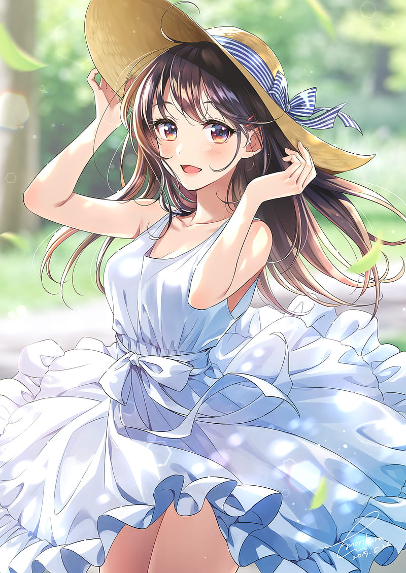 Anime girl, summer dress, dog, sunflower field, hat, butterfly, Anime, HD  wallpaper | Peakpx