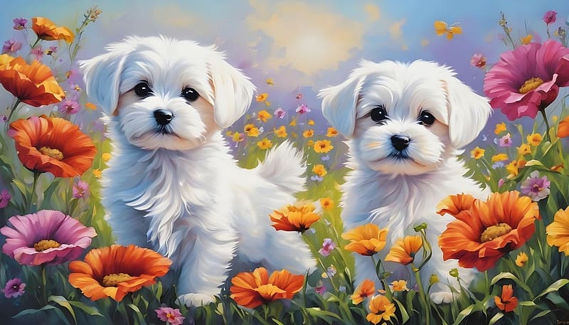 Maltese silky dog, szabadban, aranyos kolyokkutyak, szines viragok, hazi kedvenc, feher, allat, maltai selyem kutya, viragmezo, HD wallpaper