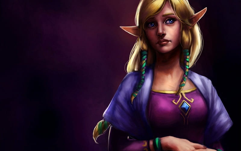 Elf princess, elf, game, black, blonde, woman, the legend of zelda, fantasy, girl, dark, princess, pink, creature, blue, HD wallpaper