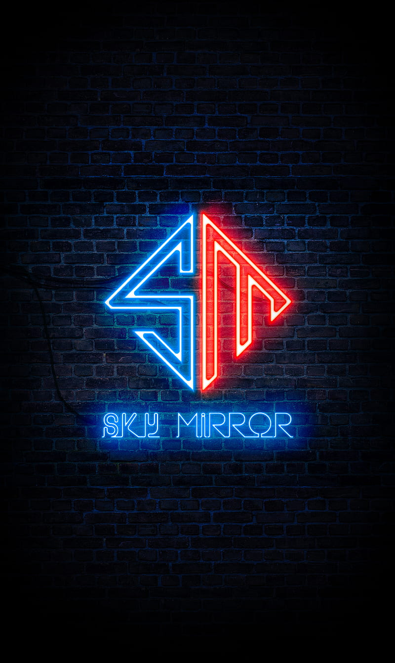 sky mirror, b and r, blue, desenho, logo, neon, red, wall, HD phone wallpaper