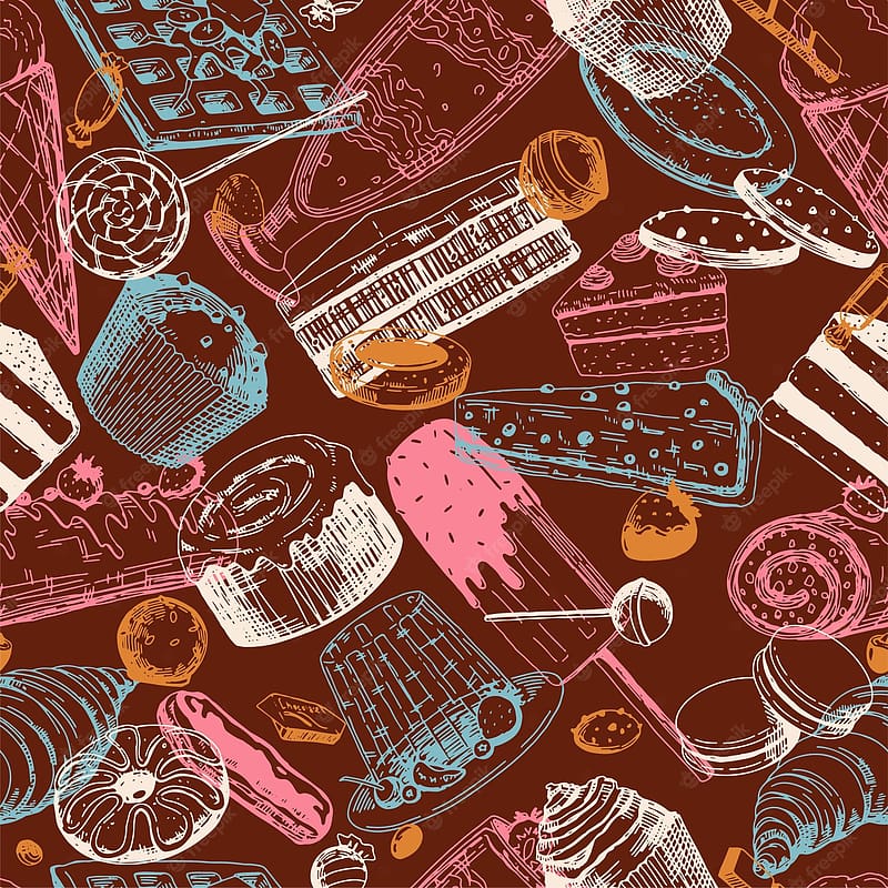 Premium Vector. Sweet food seamless pattern ornament of varied delicious desserts vector illustration in sketch style retro design for decor wrap background, Food Vintage, HD phone wallpaper