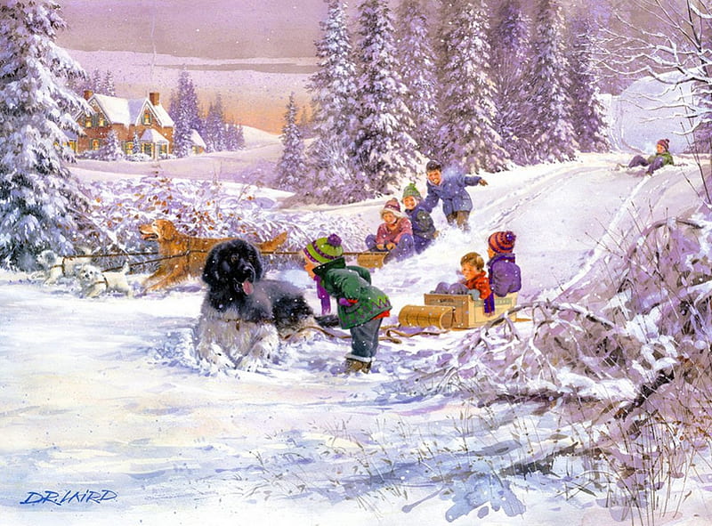 Winter joy, playing, sleigh, art, children, fun, trees, joy, winter, snow, painting, slope, kids, dog, HD wallpaper