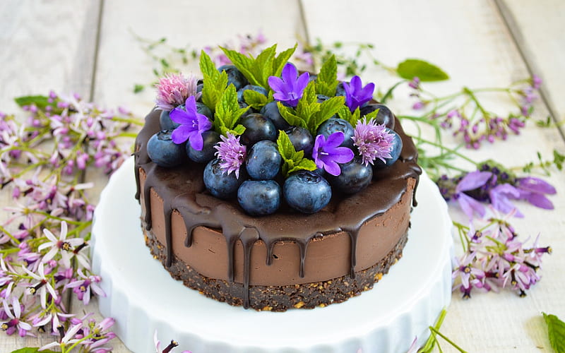 chocolate cake, berries, chocolate, blueberries, chocolate cheesecake, sweets, dessert, HD wallpaper