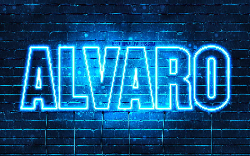Alvaro with names, horizontal text, Alvaro name, Happy Birtay Alvaro, blue neon lights, with Alvaro name, HD wallpaper