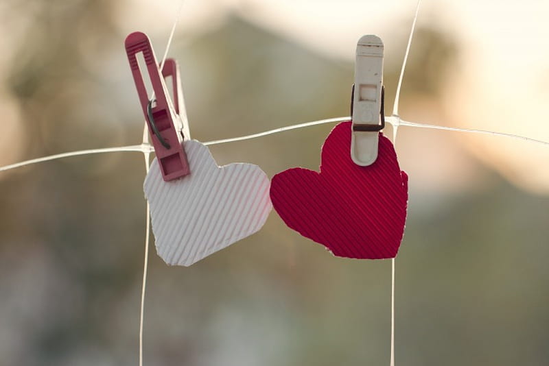 You & Me , red, love, heart, white, corazones, clothespins, sweet, HD wallpaper