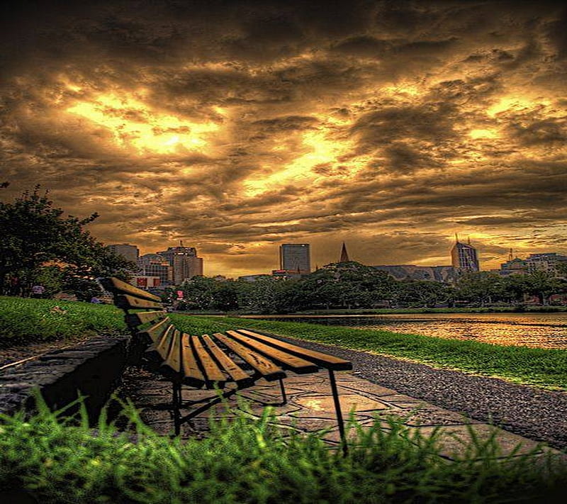 Storm brewing, skies, bench, clouds, stormy, HD wallpaper