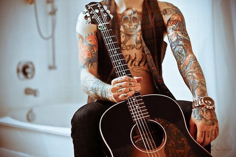 Wallpaper Long hair girl play guitar tattoo 3840x2160 UHD 4K Picture Image