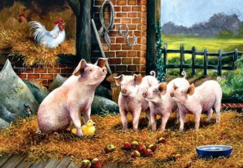 Hiding Place F2, art, artwork, farm, pigs, painting, wide screen, chickens, scenery, duckling, landscape, HD wallpaper