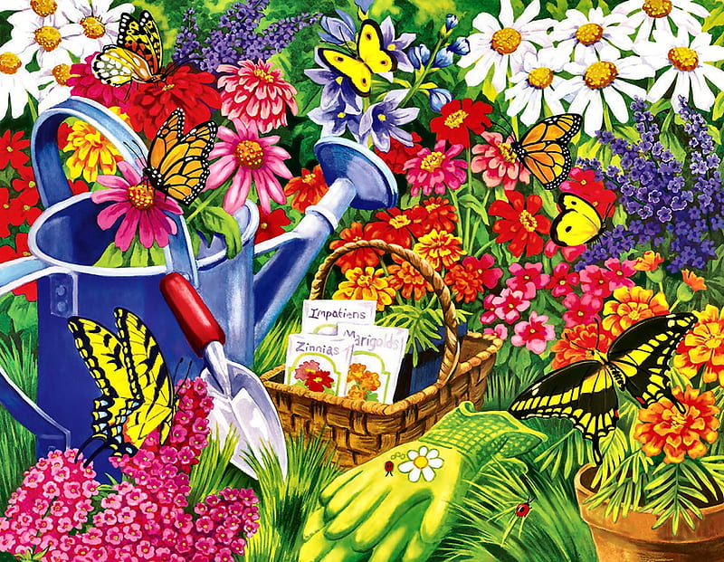 A Home for the Butterflies F, art, bonito, butterflies, illustration, artwork, watering can, painting, wide screen, wildlife, shovel, flowers, HD wallpaper
