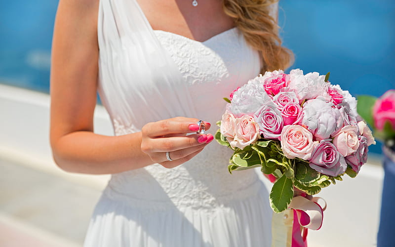 bride, wedding, engagement ring, white wedding dress pink wedding bouquet, Santorini, Greece, wedding concepts, summer, HD wallpaper
