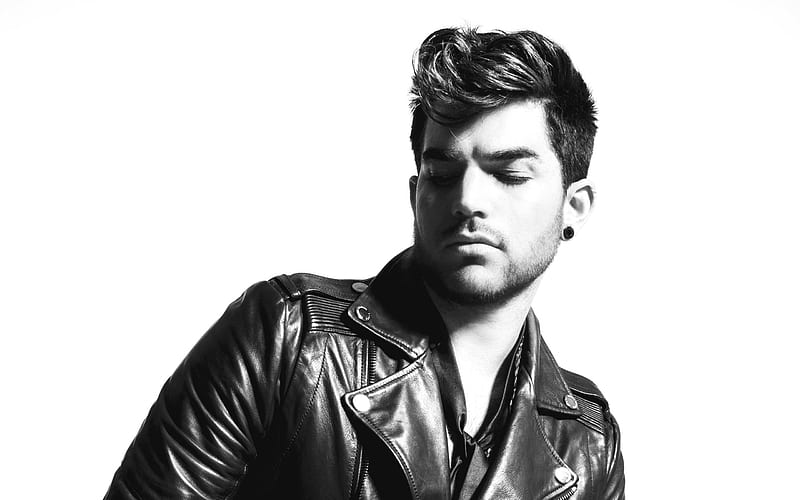 Adam Lambert, American singer, portrait, monochrome, black leather jacket, HD wallpaper
