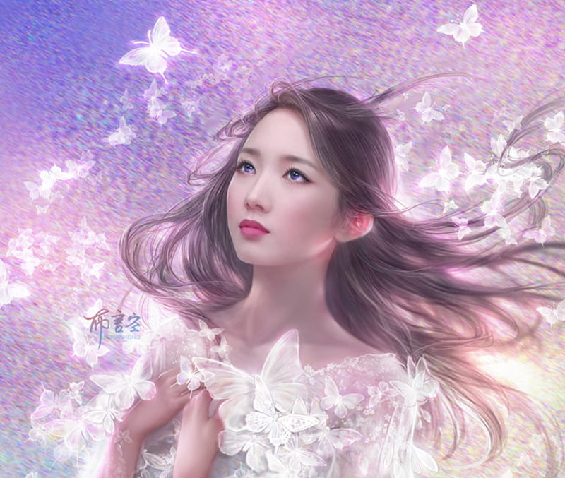 Fantasy girl, fantasy, frumusete, girl, butterfly, asian, pink, white, yankong bu, luminos, face, HD wallpaper