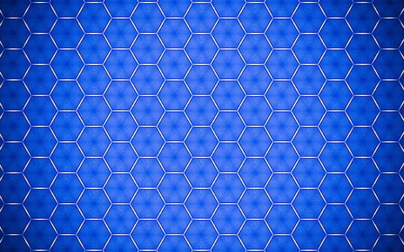 hexagons art, blue background, creative, grid, hexagons texture, HD wallpaper