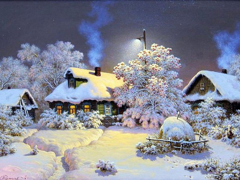Winter Evening, snow, houses, nature, evening, trees, lights, winter, landscape, HD wallpaper