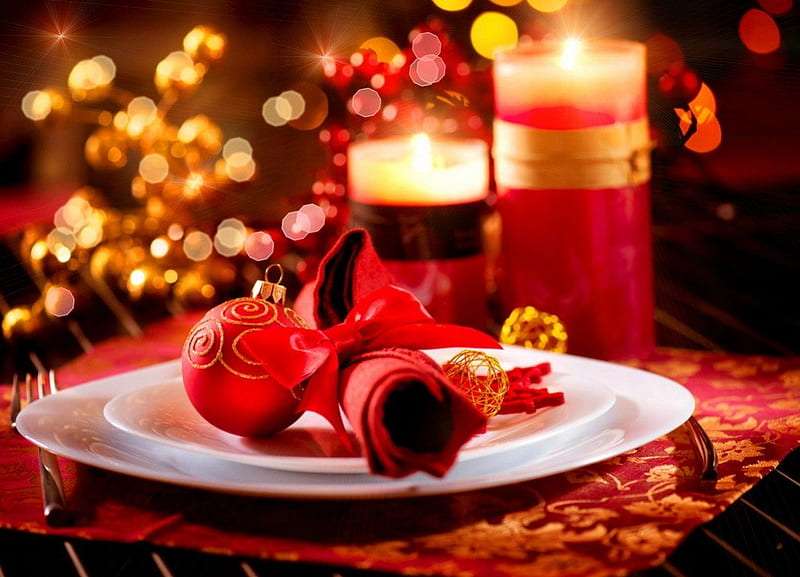Christmas restaurant, ornaments, pretty, dinner, bonito, lights, flame, arrangement, cozy, lovely, romantic, romance, holiday, christmas, decoration, candles, balls, restaurant, HD wallpaper
