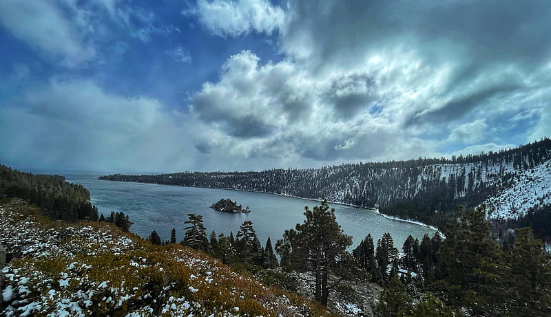Emerald bay, Lake Tahoe , California, sky, trees, usa, landscape, clouds, HD wallpaper