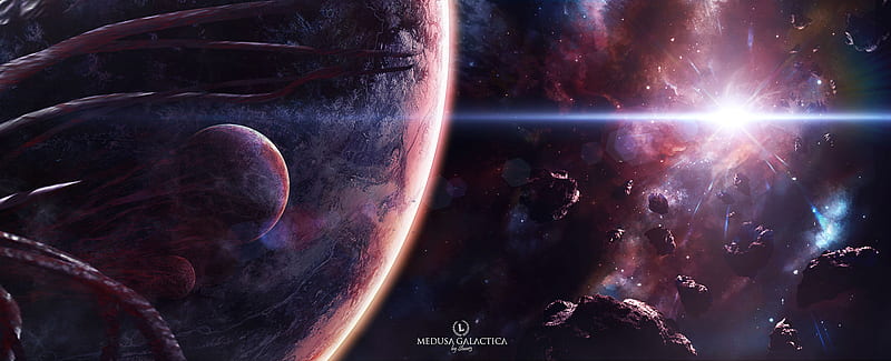 Medusa Galactica, tentacles, stars, planets, moon, space, asteroids, galaxy, light, HD wallpaper
