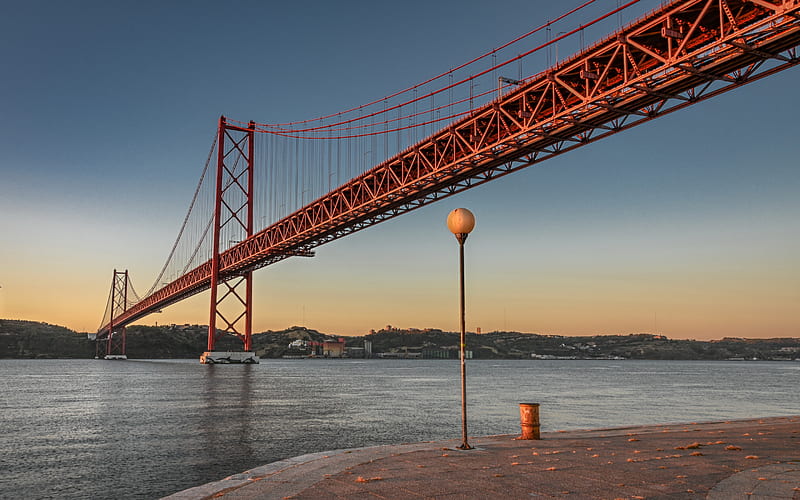25th of April Bridge, Tagus River, Lisbon, 25 de Abril Bridge, evening, sunset, suspension bridge, Portugal, HD wallpaper