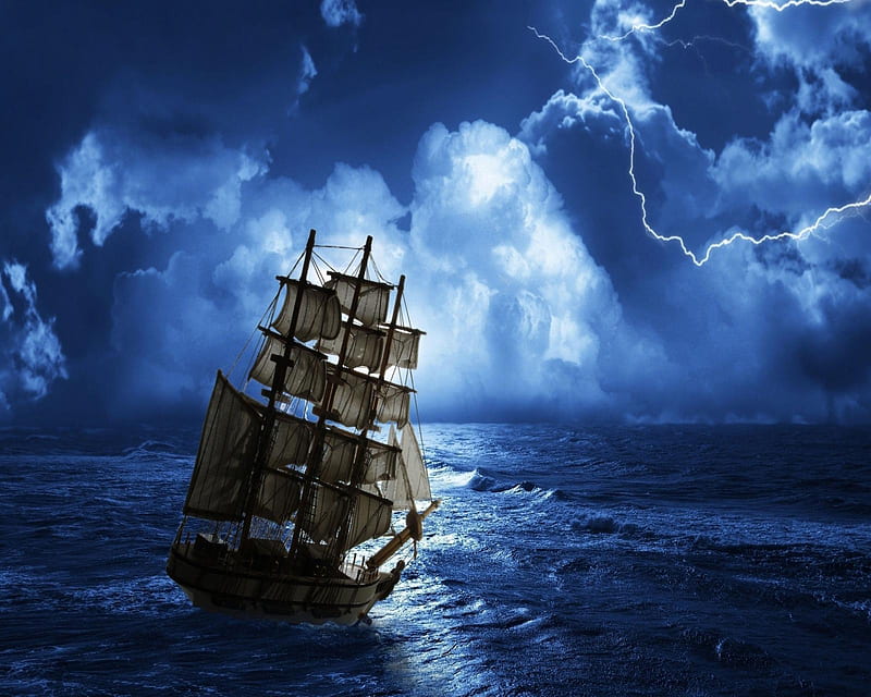 Stormy, ocean, sea, ship, storm, thunder, HD wallpaper